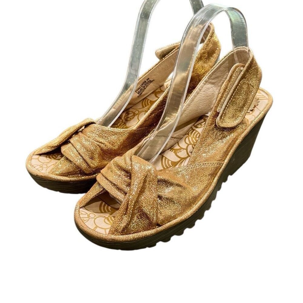 Fly London Yakin Glitter Gold Wedge Sandals. Size 40/US 9. 9.5